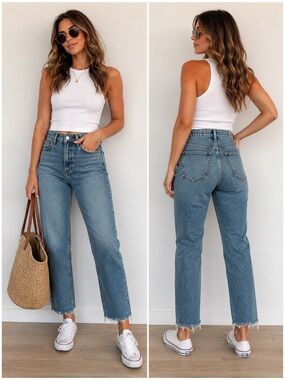 Agolde Nico High Rise Straight slim Crop Jeans button-fly raw unfinished hem 24